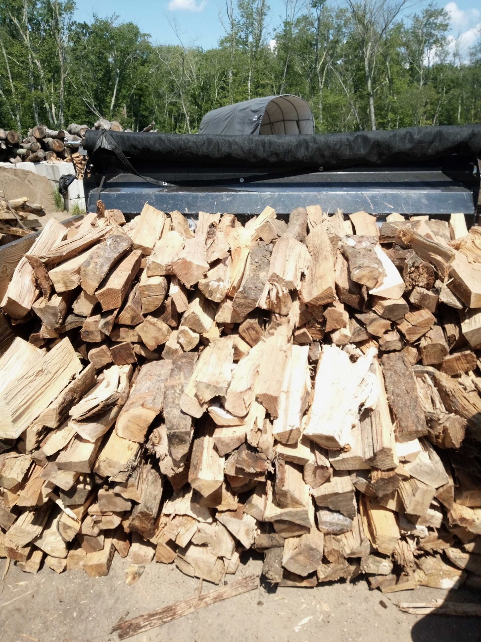 Heaping load of split seasoned firewood in the truck at the Cote Landscape yard with woodpile behind
